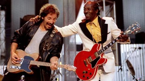 Bruce Springsteen and Chuck Berry perform "Johnny B. Good" to open The Concert for the Rock and Roll Hall of Fame on 2 September, 1995 at Cleveland Stadium.