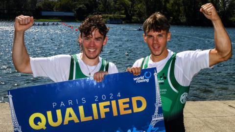 Fermanagh rowers Ross Corrigan and Nathan Timoney celebrate securing Olympic qualification for Ireland after they reached the A final of the men's pair event