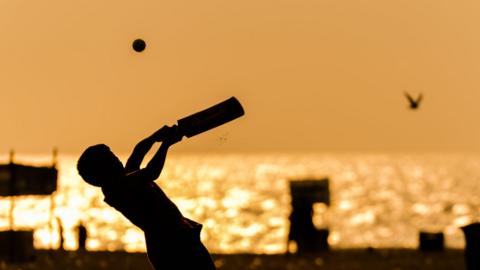 Boy plays cricket on the beach