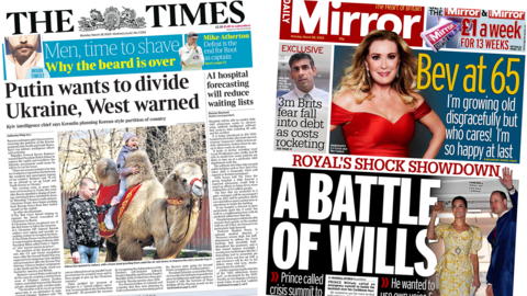 The front page of the times says that Putin plans to divide Ukraine in two, while the front page of the Mirror reports on the Duke of Cambridges plans for royal reforms