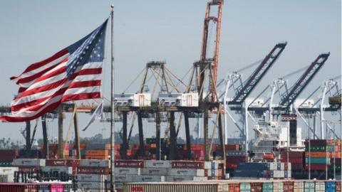 US flag flies at the port of Los Angeles