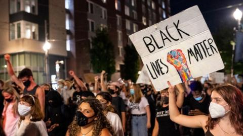 Protest in Portland with BLM sign