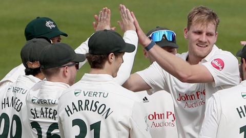 Nottinghamshire players celebrate a wicket