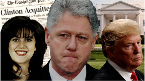 A collage of Monica Lewinsky, Bill Clinton and Donald Trump
