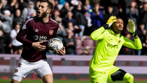 Hearts' Jorge Grant celebrates scoring to make it 2-1 during a cinch Premiership match between Heart of Midlothian and Livingston at Tynecastle Park