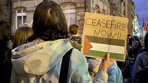 Woman holding placard with Palestine flag on it, which reads "Ceasefire Now"