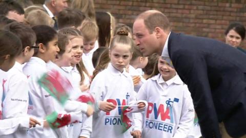 Prince William meets schoolchildren in Abergavenny