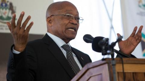 South African President Jacob Zuma speaks at a memorial lecture after unveiling a statue of struggle veteran Harry Gwala in Pietermaritzburg, South Africa, on 6 August, 2017.