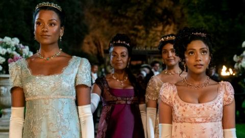 Simone Ashley as Kate Sharma, Adjoa Andoh as Lady Danbury, Shelley Conn as Mary Sharma, Charithra Chandran in Bridgerton series two