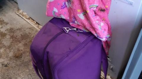 Pink fleece top on purple suitcase