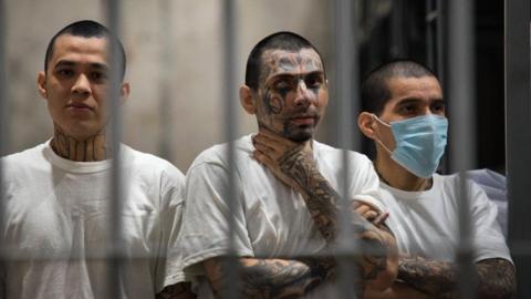 Three inmates covered with tattoos, behind bars at Cecot prison, El Salvador