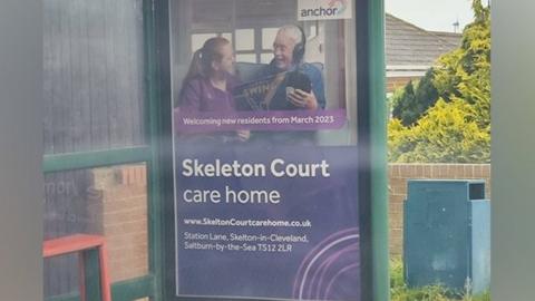 Bus shelter poster advertising "Skeleton Court"