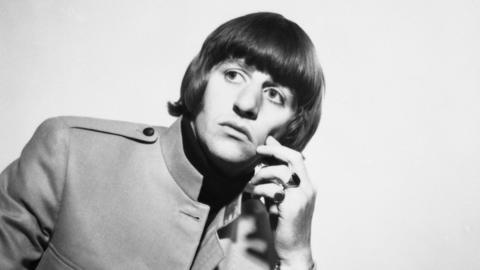 Black and white image of Ringo Starr of The Beatles