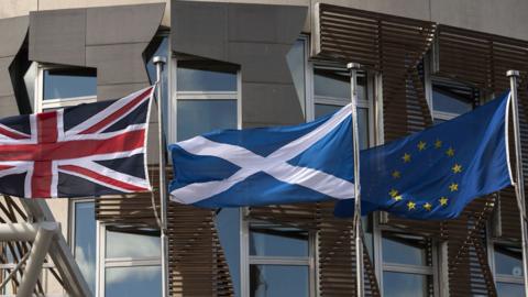 Union flag, Saltire and EU flag