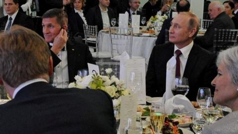 Michael Flynn (2nd left) and President Vladimir Putin (2nd right) at a dinner in Moscow, Russia. Photo: December 2015