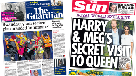 The front page of the Guardian reads "Rwanda asylum seekers plan branded 'inhumane'", while the Sun's reads "Harry & Meg's secret visit to Queen"