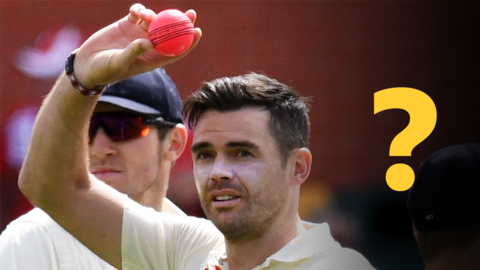 England bowler James Anderson celebrates a five-wicket haul alongside a 鶹ҳ Sport question mark quiz graphic