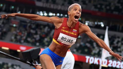 Yulimar Rojas celebrating after breaking the triple jump world record