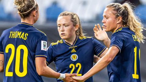 Scotland's Erin Cuthbert celebrates with teammates after making it 2-0 during a FIFA Women's World Cup Qu