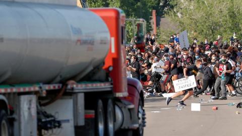 Tanker being driven at protesters in Minneapolis