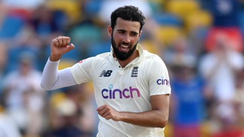 England bowler Saqib Mahmood celebrates