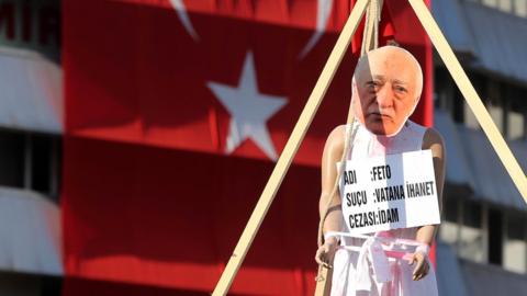 An effigy of US-based preacher Fethullah Gulen in Kizilay Square, Ankara, during a protest against the failed military coup on Tuesday