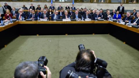 Turkish Cypriot leader Mustafa Akinci, UN Secretary-General Antonio Guterres and Cypriot President Nicos Anastasiades attend the Cyprus reunification talks at the United Nations in Geneva, Switzerland, January 12, 2017