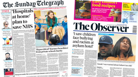 The headline in the Telegraph reads, "'Hospitals at home' plan to save NHS", while the headline in the Observer reads, "'I saw children face bullying and racism at asylum hotel'"