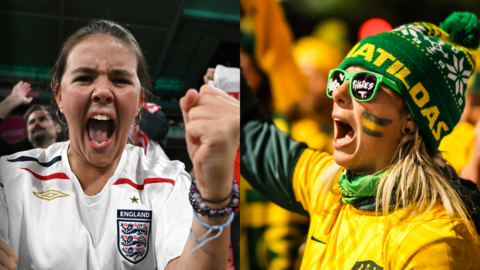 A split image of an England fan and an Australia fan celebrating
