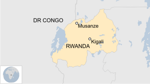 A map showing the location of Musanze in relation to Kigali in Rwanda.