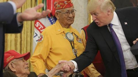 President Trump mocked a political rival as Pocahontas - as he welcomed Native Americans to the White House.