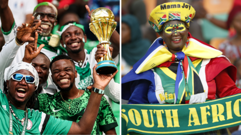 Nigeria fans and a South Africa fan at the 2023 Africa Cup of Nations