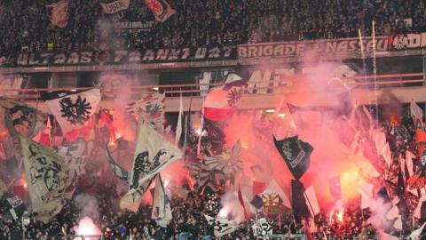 Eintracht Frankfurt fans fill the stadium during round of 16, first leg match against Napoli.