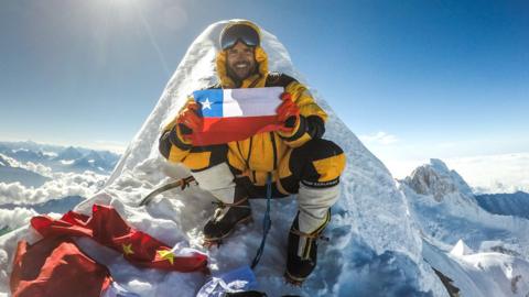 Juan Pablo Mohr on the summit of Manaslu in Nepal