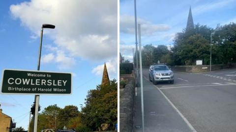 The road sign in Linthwaite before and after its removal