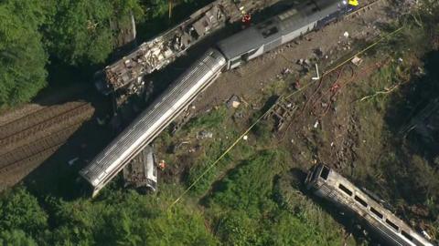 Aerial image of a train which derailed in Aberdeenshire