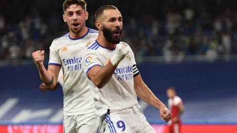 Karim Benzema celebrates