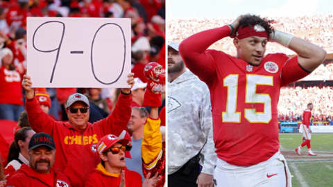 Patrick Mahomes with his hands on his head as Kansas City Chiefs fans celebrate going 9-0