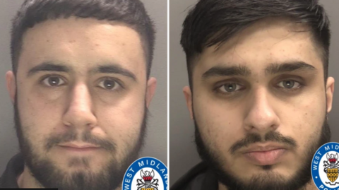 A composite police image of Mohammed Khan and Mohammed Haydar. Both have short dark hair, beards and moustaches.