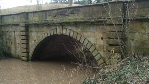 A stone bridge over brown water with single semi-circular arch. The picture is taken on a cloudy day from an overgrown right bank. A grassy hill is seen beyond the bridge.