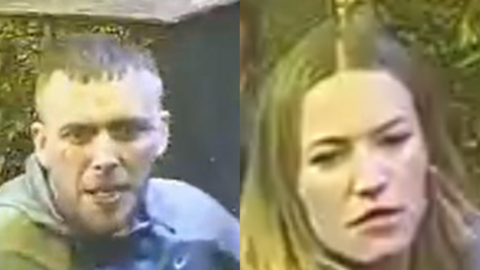 A cctv montage showing a man with an angry expression on his face. He is wearing a light grey jacket and has short cropped brown hair. Also pictured is a woman with long light brown hair