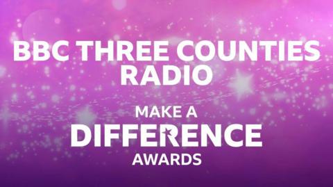 A banner saying "BBC Three Counties Radio Make a Difference Awards" in white writing on a purple background that is also covered in stars and lights.