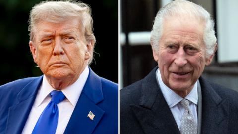 Split screen. Donald Trump and King Charles III are pictured.