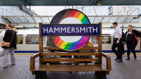 A rainbow LGBTQIA+ roundel at Hammersmith station.