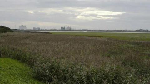 A shot, from a distance, of the former ICI works in Thornton-Cleveleys. It can be seen on the horizon over marshland.