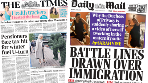 The headline on the front page of The Times reads "Pensioners face tax hit for winter fuel U-turn" and pictures on the front page of the Daily Mail show the Duchess of Sussex dancing with the caption "Why the Duchess of Privacy is suddenly sharing a video of herself twerking in the maternity suite".