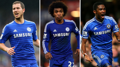 Eden Hazard (left), Willian (centre) and Samuel Eto'o (right) wearing blue Chelsea kits
