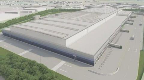 An artist drawing showing a large grey building with several lorries parked outside and greenery surrounding the site.