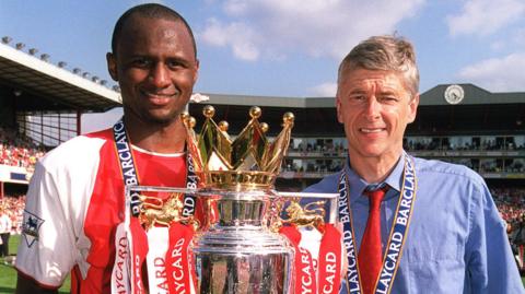 Arsene Wenger and Patrick Vieira with the Premier League trophy in May 2004