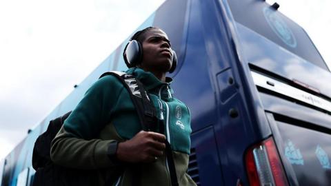 Manchester City's Khadija Shaw arrives at Wembley ahead of the Women's FA Cup final